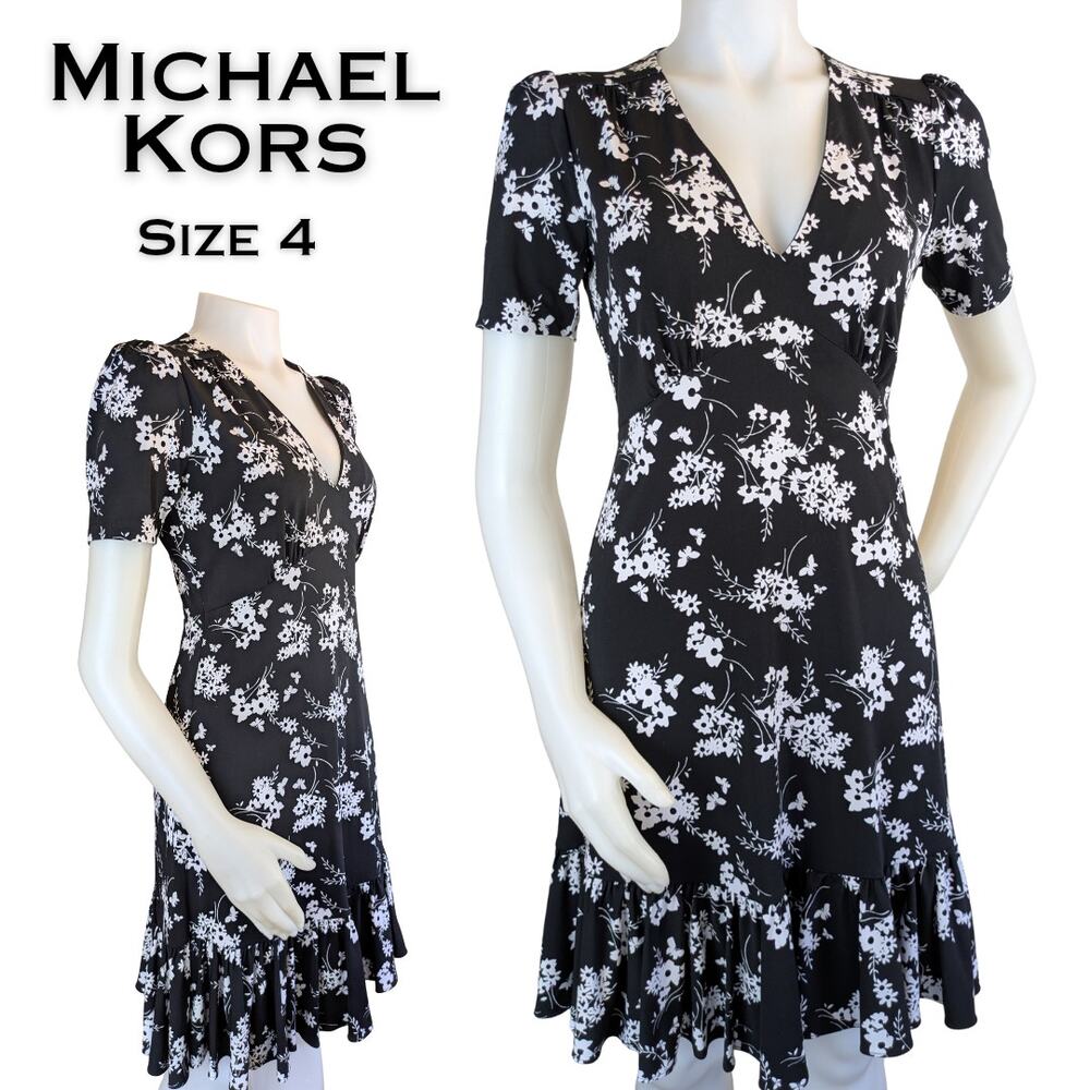 Michael Kors Dress 4 Black White Mini Floral Print Short Sleeve Ruffle Coquette